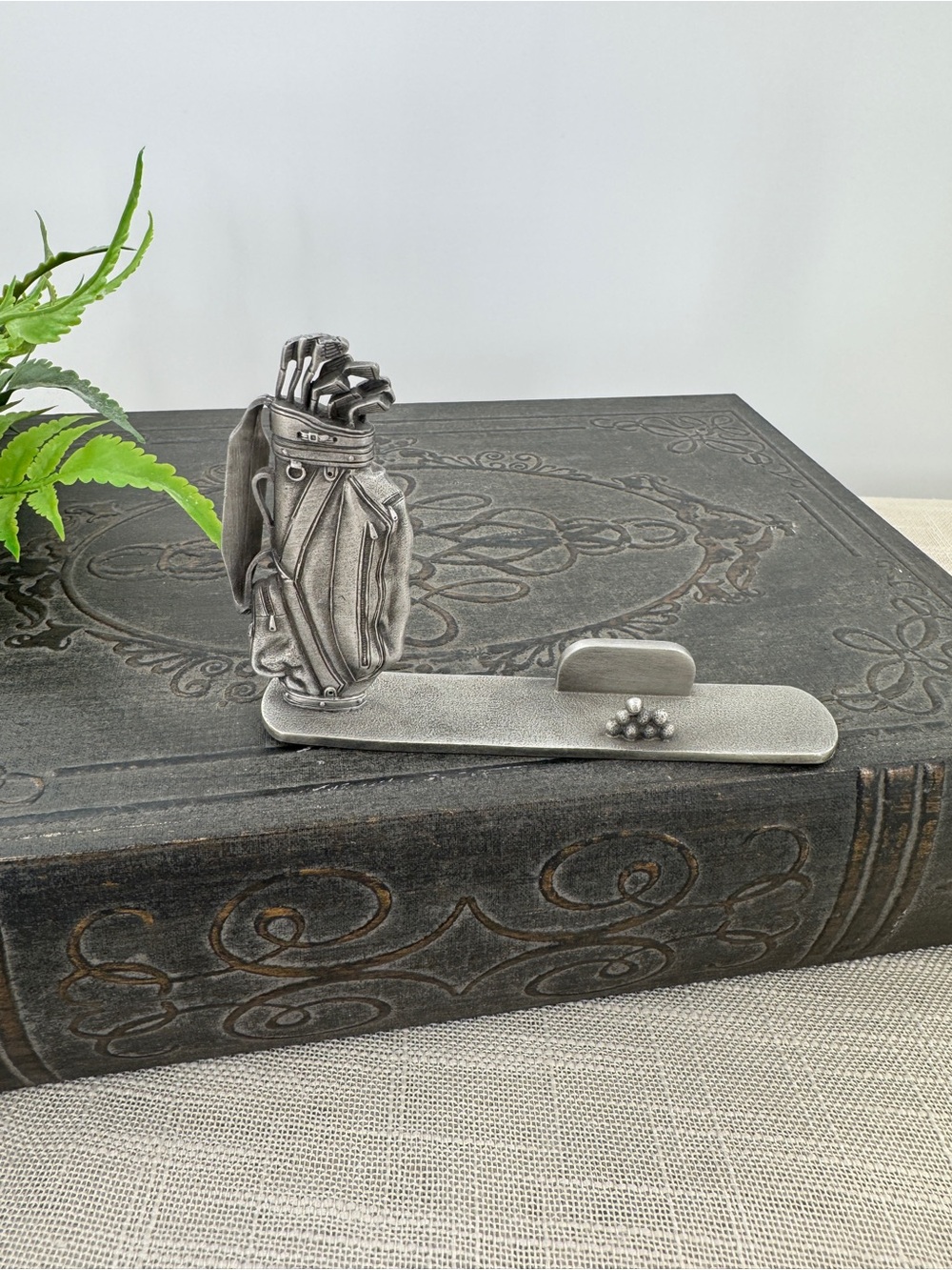 Vintage Pewter Golf Bag Business Card Holder Desk Accessory Golfer Gift